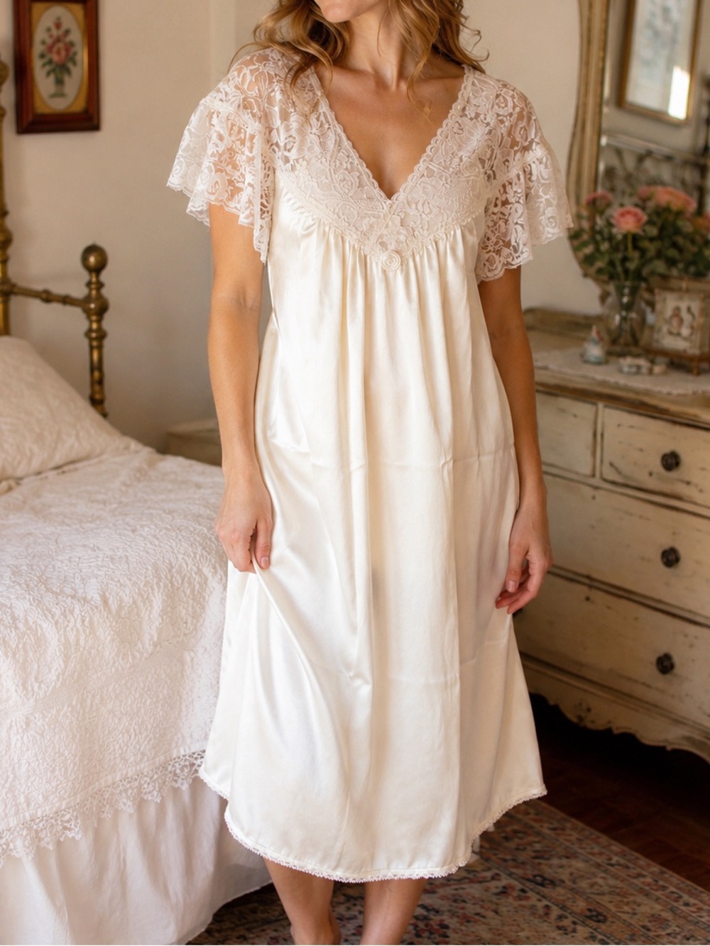 Vintage 80s Lily of France White Lace Trim Nylon Feminine Bridal Nightgown